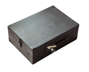 Vintage gray suitcase with metal handle on transparent background