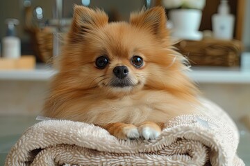 A Pomeranian getting pampered at a pet spa.