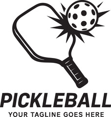 Pickleball Paddle Hitting Ball Logo Design in Black and White Style black white
