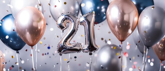 Birthday celebration with silver and gold balloons, confetti, and a metallic number 21, perfect for 21st birthday party themes and festive invitations.