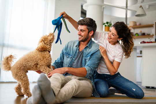 Happy couple playing with dog, having fun on floor at home. Married couple with cute pet