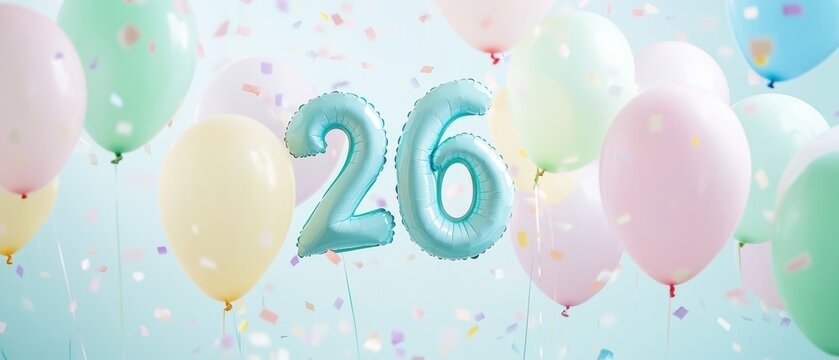 Celebrate birthday with colorful balloons and festive decorations showcasing number 26 in pastel colors perfect for fun party themes and memorable moments.