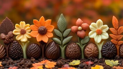 Handcrafted chocolates shaped like colorful flowers and leaves, perfect for autumn celebrations and indulgence