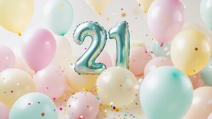 Celebration of 21st birthday with balloons and confetti, festive party decorations, colorful theme, joyful atmosphere, milestone event, happy celebration.