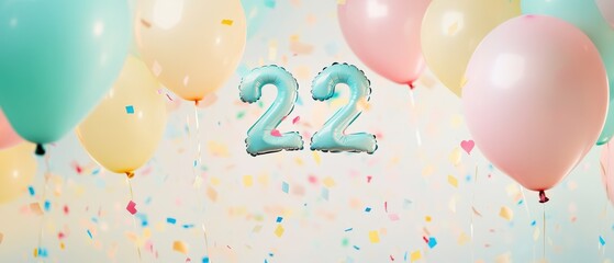 Celebration party theme with pastel balloons confetti and number 22 symbolizing birthday anniversary event festive cheerful atmosphere decorations.