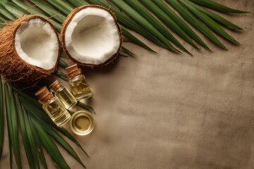 Flat Lay of Coconut Oil Bottles with Halved Coconuts and Palm Leaves on Textured Natural Fabric Background.