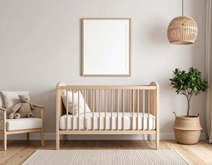 Serene nursery interior with wooden crib teddy bear and woven pendant light