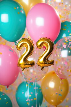 Colorful balloons and decorations for 22nd birthday celebration with confetti, fun party atmosphere, festive event, joyful decorations, vibrant party scene.