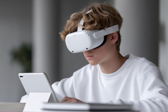 Young caucasian teen engaged in virtual reality learning with vr headset and tablet