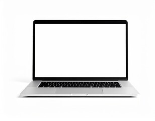 Silver laptop with a blank white screen on a white background