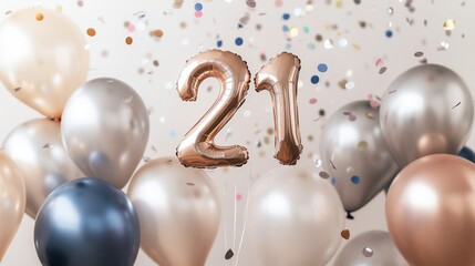 Celebration of 21st birthday with colorful balloons, confetti, and festive decorations for young adult party or milestone event. Party planning and decorations.