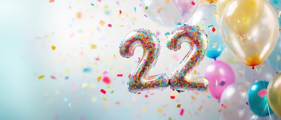 Celebration of 22nd birthday with colorful balloons confetti and sparkling number 22, festive party mood, fun event, joyful atmosphere for special occasion.