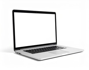 Sleek silver laptop with a blank white screen isolated on a white background