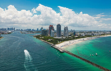 Top view of South Miami Beach. Scenic drone view of Miamis famous coastline. Miami Beach skyline...