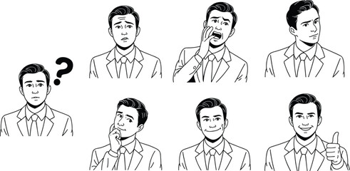 Eight Expressive Businessman Emotions: Professional Attire, Facial Expressions, and Body Language