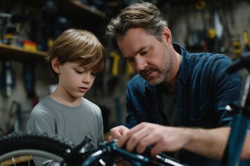 A heartwarming moment captures the bond between a father and son, working together on a bicycle in their garage. Focus on the process of learning and bonding.