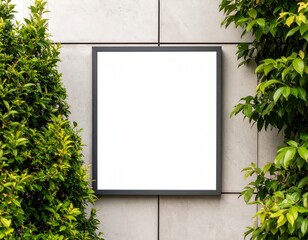 Square blank sign on concrete wall framed by vibrant green foliage ready for custom message