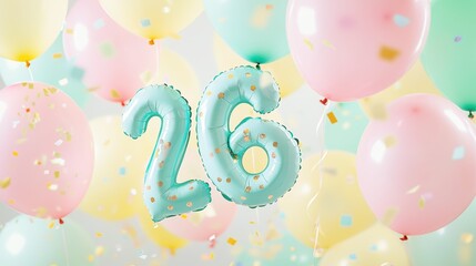 Number 26 balloon decoration with colorful pastel balloons and confetti, festive celebration backdrop for birthday parties, anniversaries, and special events.