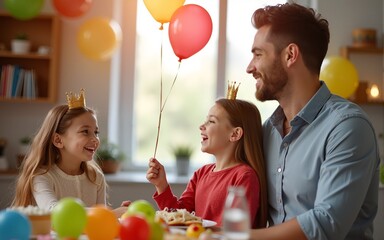 Busy father organizes holiday on International childrens day for two daughters, have home party, wear crowns and festive clothes. Little adorable girl holds air balloon, looks at dad and sister