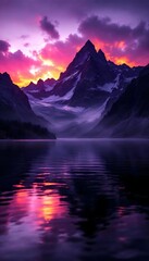 Mountain range reflects in a serene lake at sunset with colorful sky