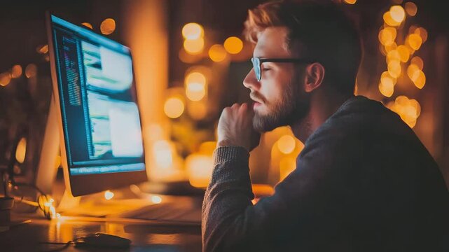 Man with glasses and beard programming code on computer at night surrounded by warm bokeh lights and cozy technology atmosphere