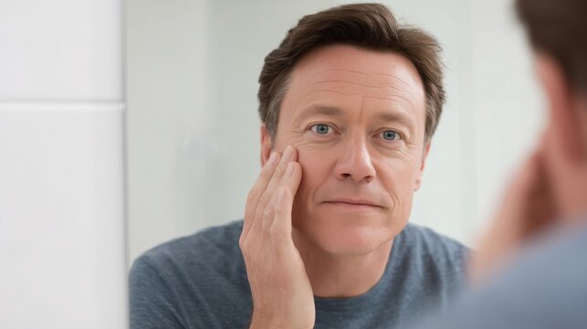 Man in bathroom mirror examining skin, reflecting on his image with calm contemplation in the bright bathroom.