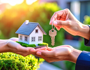 Handing over house keys and miniature home model, symbolizing real estate transaction or new home ownership.