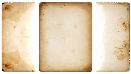 Three aged paper sheets with stains and textured edges arranged vertically