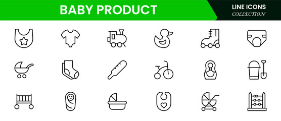 Adorable vector web line icons depicting baby products, diapers, bottles, strollers, and nurturing essentials for infant care and comfort.