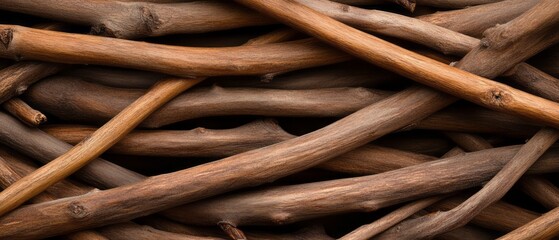 Natural Wooden Sticks and Twigs Arranged in an Artistic Overlapping Pattern on a Dark Background
