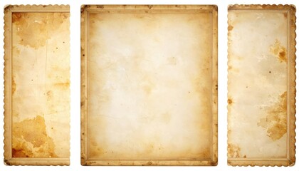 Three aged paper sheets with scalloped edges and stained textures isolated on white