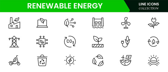 Eco-friendly vector web line icons depicting renewable energy, solar panels, wind turbines, sustainability, and green power solutions.