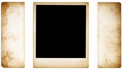 Three aged photo frames with stained paper texture and a central black space