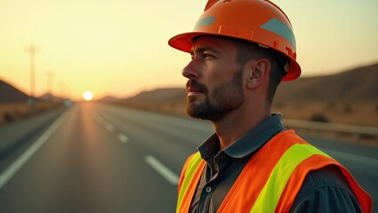 Road worker in safety helmet and high-vis vest stands on roadway, ready for maintenance duties under open skies.