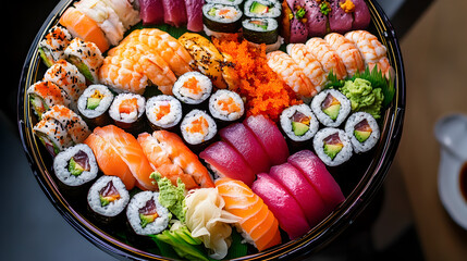 Exquisite assortment of freshly prepared sushi and maki rolls presented on a platter