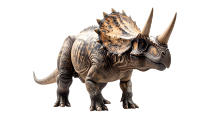 Regal Triceratops: A majestic Triceratops dinosaur, powerfully built with a large frill and three prominent horns, stands against a stark background.