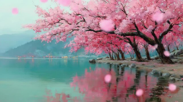 Pink Cherry Blossoms Lakeside Scene.