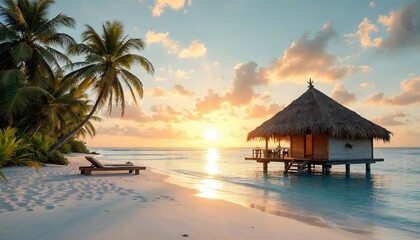 Tropical bungalow sits on stilts over the ocean at sunset