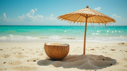 Tropical Beach Scene with Coconut and Straw Umbrella