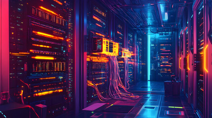 Futuristic server room with glowing lights depicting data processing and digital technology
