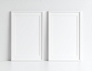 Two blank white picture frames against a textured white wall minimalist design