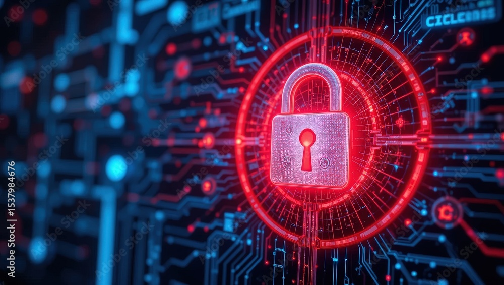 Poster cybersecurity lock protecting data in digital networks