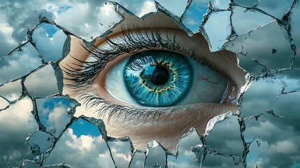 Surreal Collage of a Blue Eye Seen Through Shattered Mirror Pieces Against a Cloudy