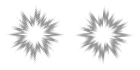 Halftone circle frame background set. Round border Icon using halftone random circle. Grunge circular stain. Vector illustration.