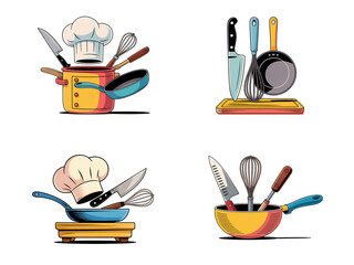 Kitchen Tools and Chef Hat Illustration, Knife, whisk, pan – Colorful Cooking Utensils Vector Set, transparent background, PNG