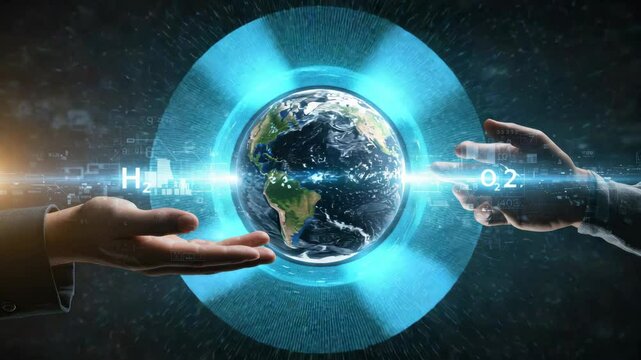 A digital representation of Earth, surrounded by glowing blue lines and formulas, held between two hands