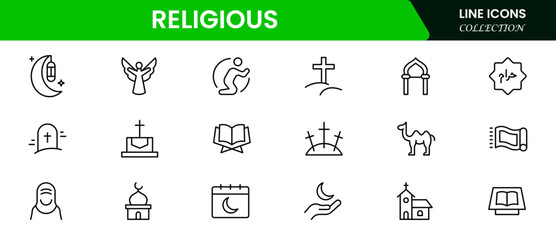 Sacred vector web line icons depicting religious symbols, faith, worship, spirituality, and diverse cultural beliefs with reverence and unity.