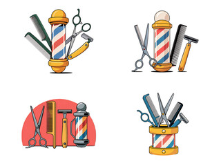 Barber Shop Tools with Scissors, Comb, Razor and Classic Barber Pole Icon, PNG