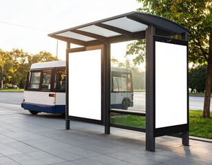 Urban Bus Stop with Blank Advertising Panels and a Parked Bus in the Background