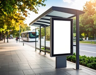Urban bus stop with blank advertising display on a sunny day in the city